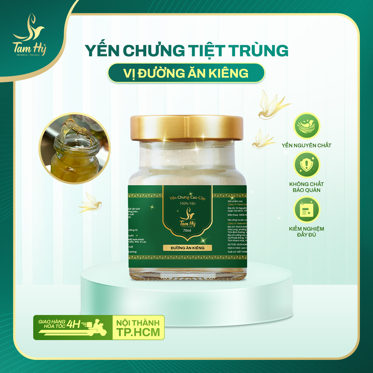 Yến Chưng Tiệt Trùng Đường Ăn Kiêng Tam Hỷ – 100% Yến Nguyên Chất – Không chất bảo quán, không đường hóa học