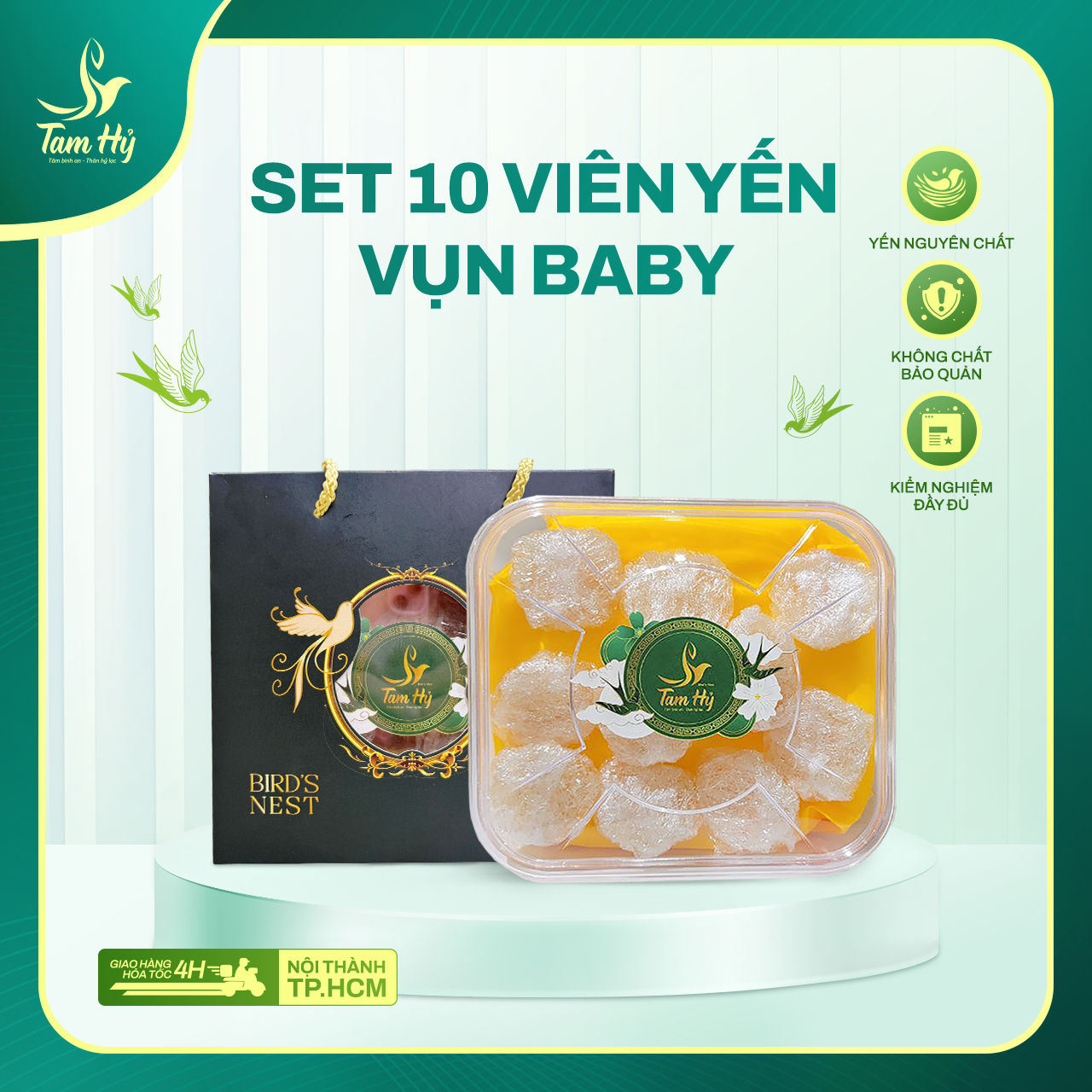 [Set quà] 10 Viên Yến vụn Baby  – 100% yến nguyên chất, tặng kèm đường phèn, táo đỏ, đông trùng, nồi chưng mini