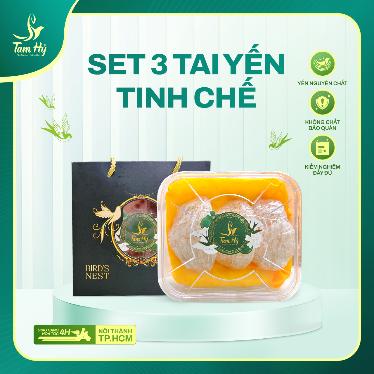 [Set quà] 3 tai yến tinh chế siêu sợi (30gr) – 100% yến nguyên chất Khánh hòa, tặng kèm đường phèn, táo đỏ