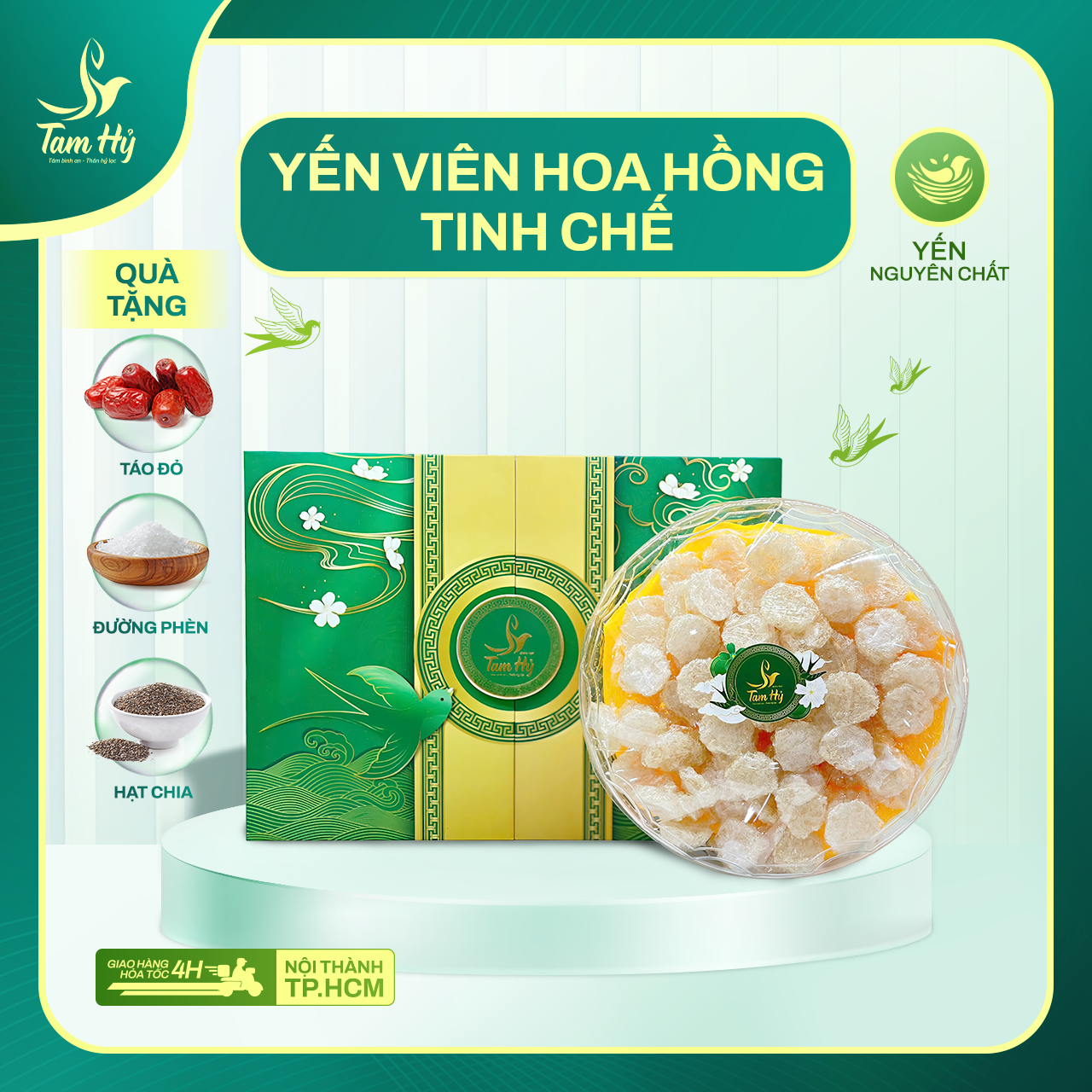 [Hộp quà] Yến Viên Hoa hồng Tinh Chế Tam Hỷ (100gr) – Yến Nguyên Chất 100% – Không độn, không hóa chất, màu trắng ngà, tặng kèm đường phèn, táo đỏ – Qùa tặng sang trọng, tinh tế