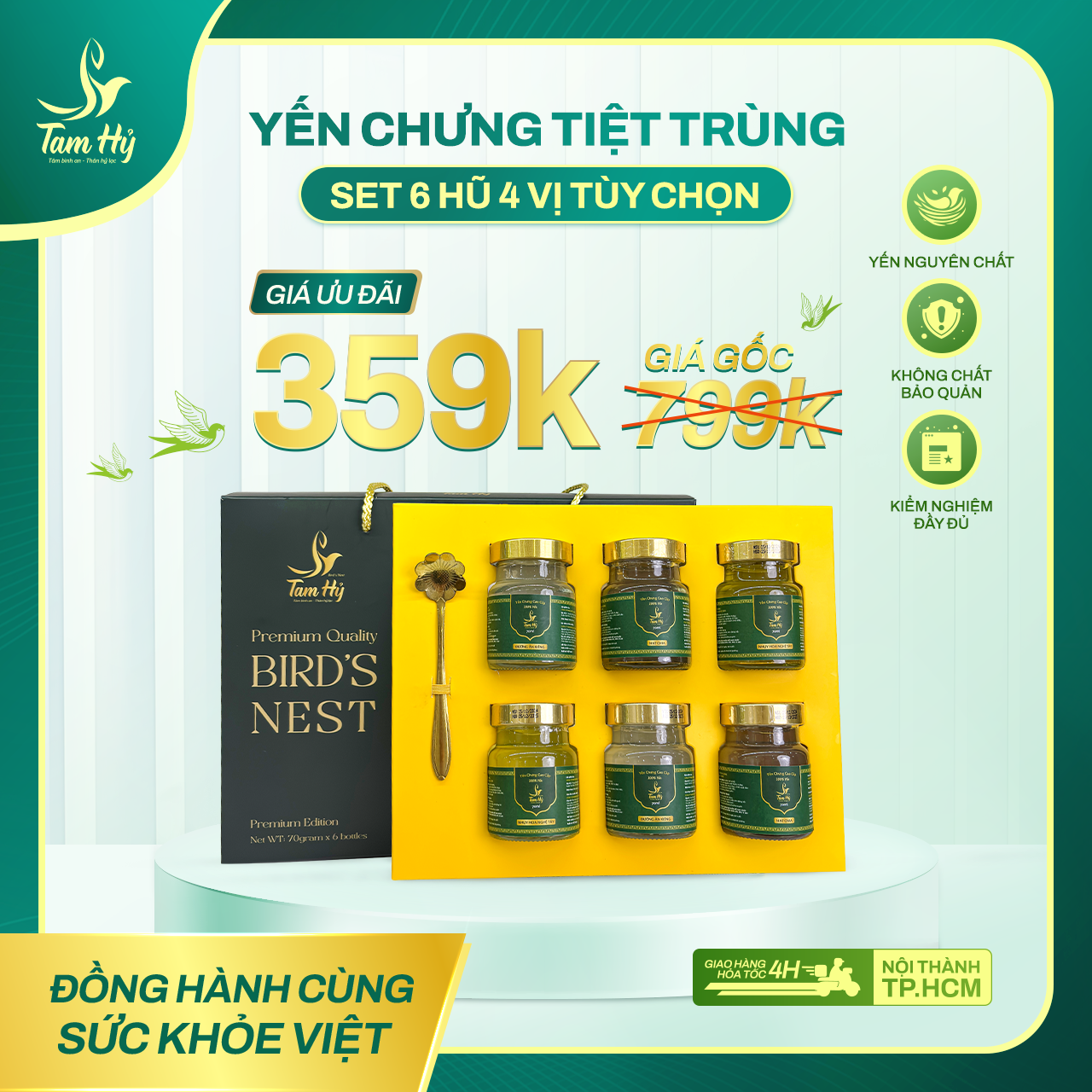 Set 6 Hũ Yến Chưng Tiệt Trùng Tam Hỷ (4 vị tùy chọn) – 100% Yến Nguyên Chất