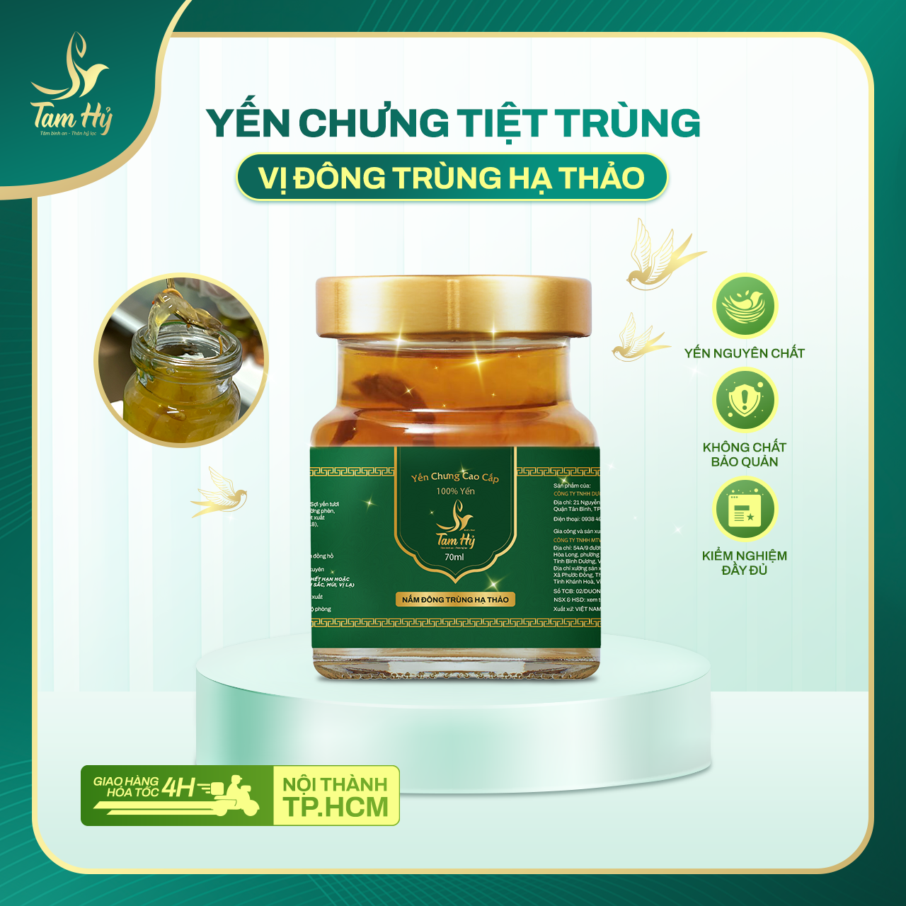 Yến Chưng Tiệt Trùng Nấm Đông Trùng Tam Hỷ – 100% Yến Nguyên Chất – Không chất bảo quản, không đường hóa học